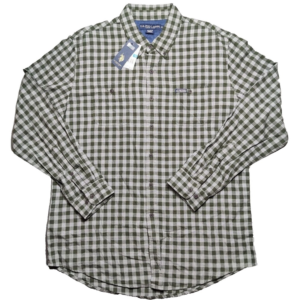 US Polo Assn Men Size XL Green Gingham‎ Cotton Long Sleeve Button Up Shirt NEW